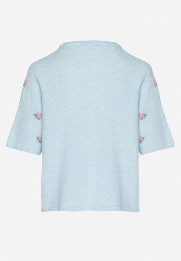 Born2be - Niebieski Sweter Kardigan z Krótkim Rękawem z Wełną w Ozdobny Print Korinelia. Okazja: na co dzień. Kolor: niebieski. Materiał: wełna. Długość rękawa: krótki rękaw. Długość: krótkie. Wzór: nadruk. Styl: elegancki, casual