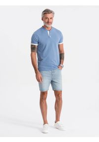 Ombre Clothing - T-shirt męski polo bez kołnierzyka - niebieski V3 - Rozmiar: L. Typ kołnierza: polo, bez kołnierzyka. Kolor: niebieski. Materiał: materiał, bawełna