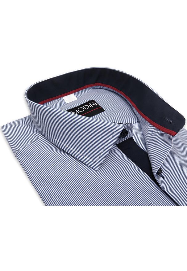 Modini - Biało-niebieska koszula męska w prążki Y04. Kolor: biały, wielokolorowy, niebieski. Materiał: bawełna, poliester, tkanina. Wzór: prążki