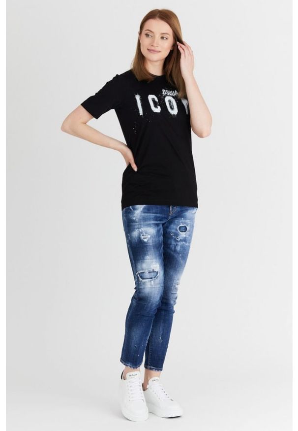 DSQUARED2 Czarny t-shirt damski icon spray. Kolor: czarny. Materiał: bawełna. Wzór: nadruk