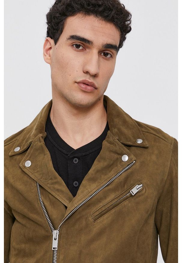Selected - Ramoneska zamszowa. Okazja: na co dzień. Kolor: zielony. Materiał: zamsz. Styl: casual