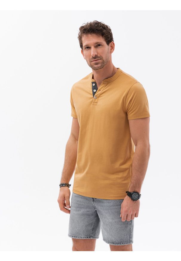 Ombre Clothing - T-shirt męski bez nadruku S1390 - żółty - XXL. Typ kołnierza: polo. Kolor: żółty. Materiał: bawełna, jeans, poliester