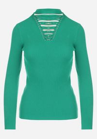 Born2be - Zielony Sweter z Gorsetowym Wiązaniem na Dekolcie Teollie. Typ kołnierza: dekolt gorset. Kolor: zielony. Materiał: dzianina, prążkowany #5