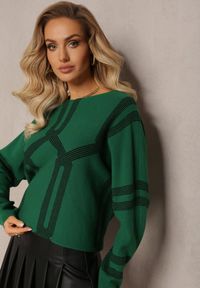 Renee - Ciemnozielony Sweter z Okrągłym Dekoltem i Wzorem w Paski Busso. Kolor: zielony. Wzór: paski #5