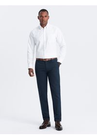 Ombre Clothing - Spodnie klasyczne męskie chino z delikatną teksturą - granatowe V3. Kolor: niebieski. Materiał: materiał, poliester, bawełna. Styl: klasyczny #8