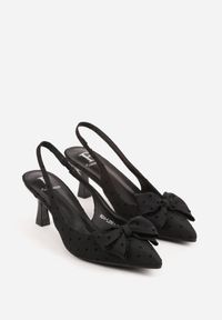 Renee - Czarne Sandały Slingback na Kaczuszce Zdobione Aplikacją z Kokardą Tenianee. Okazja: na co dzień. Zapięcie: pasek. Kolor: czarny. Materiał: jeans. Wzór: aplikacja. Obcas: na szpilce. Styl: casual #8