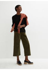 bonprix - Szerokie spodnie sztruksowe culotte high-waist z wygodnym paskiem, dł. 7/8. Stan: podwyższony. Kolor: zielony. Materiał: sztruks #2