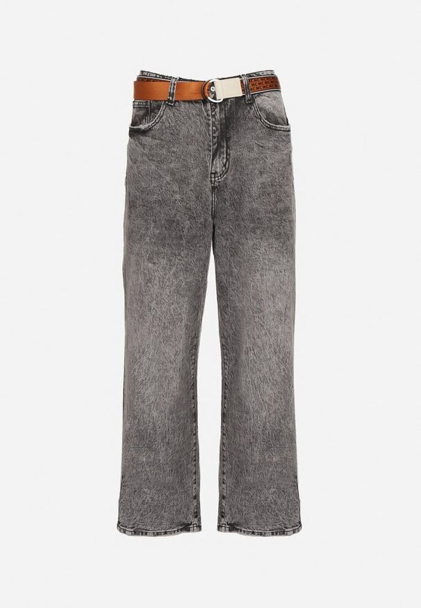 Born2be - Szare Bawełniane Jeansy Szerokie z Paskiem Lerilise. Kolor: szary. Wzór: jednolity. Styl: elegancki