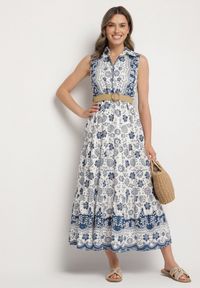 Born2be - Niebieska Bawełniana Sukienka o Koszulowym Kroju Bez Rękawów z Paskiem Mirulenia. Okazja: na co dzień. Typ kołnierza: dekolt w kształcie V. Kolor: niebieski. Materiał: bawełna. Długość rękawa: bez rękawów. Wzór: kwiaty, aplikacja, haft. Typ sukienki: koszulowe. Styl: casual #6