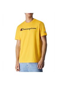 Koszulka Champion Embroidered Script Logo 219206-YS074 - żółta. Kolor: żółty. Materiał: bawełna, tkanina. Długość rękawa: krótki rękaw. Długość: krótkie