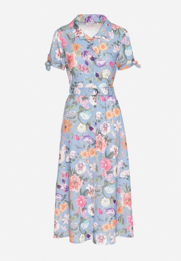 Born2be - Jasnoniebieska Rozkloszowana Sukienka o Koszulowym Kroju z Paskiem w Kwiatowy Wzór Fevelorine. Okazja: na co dzień. Kolor: niebieski. Wzór: kwiaty. Typ sukienki: koszulowe. Styl: casual