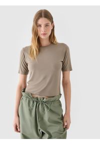 4f - 4F T-shirt slim gładki damski - brązowy S. Okazja: na co dzień. Kolor: brązowy. Materiał: dzianina, wiskoza, jersey, materiał, elastan. Długość rękawa: krótki rękaw. Długość: krótkie. Wzór: gładki. Sezon: lato, wiosna. Styl: sportowy, casual