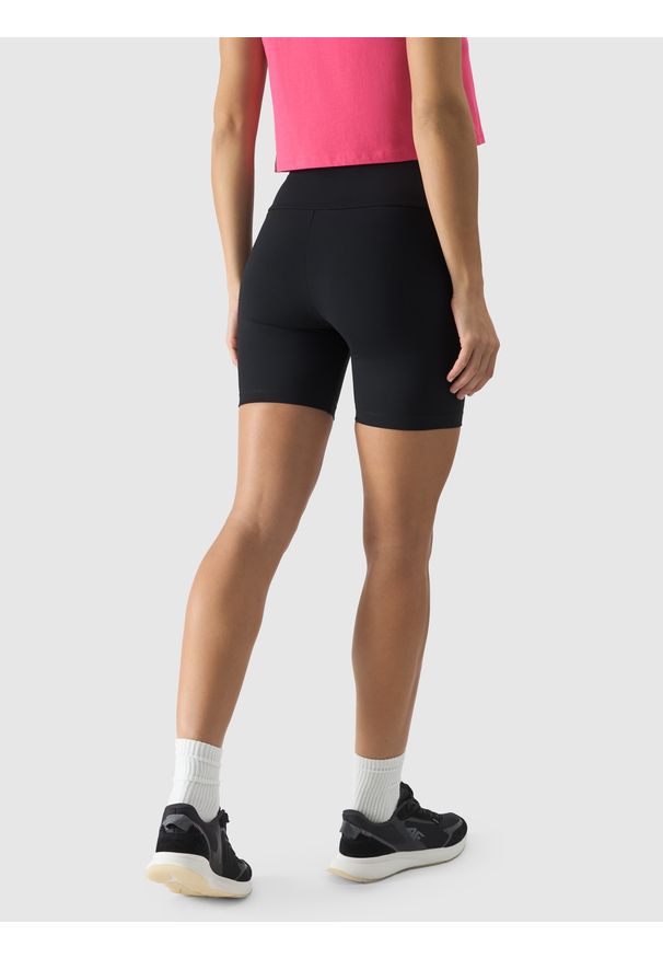 4f - 4F Legginsy krótkie z wysokim stanem damskie - czarne XS. Stan: podwyższony. Kolor: czarny. Materiał: guma, elastan, dzianina, materiał, syntetyk. Długość: krótkie. Wzór: gładki, jednolity, ze splotem