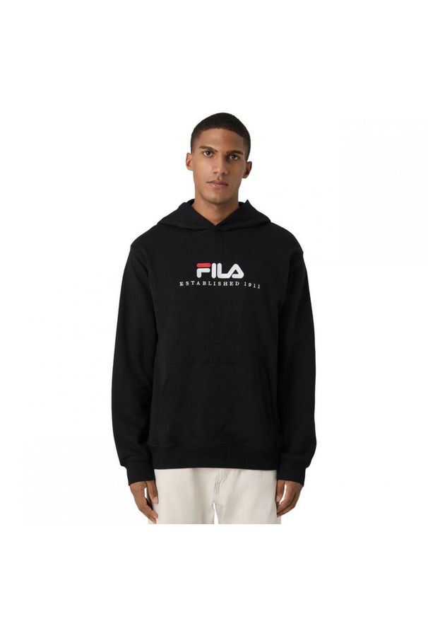 Bluza z kapturem męska do biegania Fila Valsera regular logo czarna. Typ kołnierza: kaptur. Kolor: czarny
