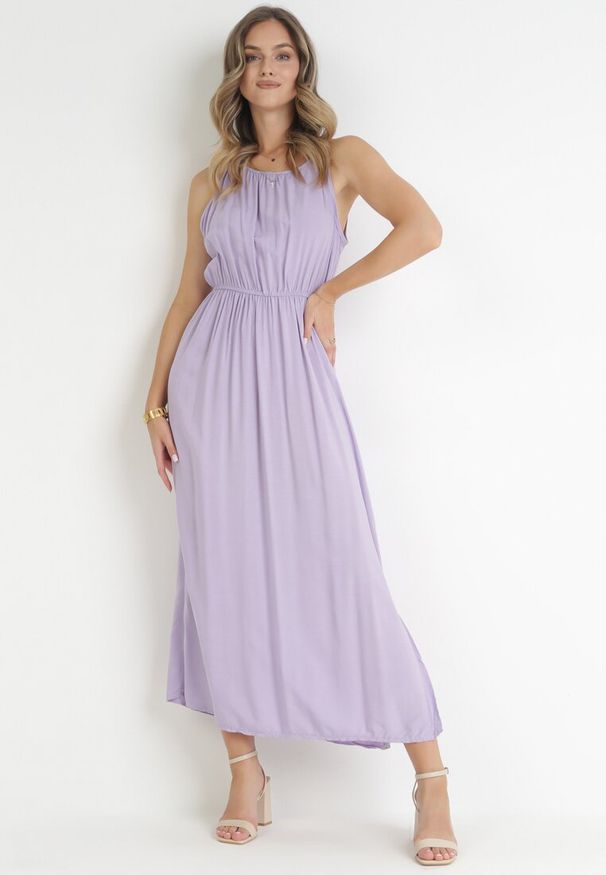 Born2be - Fioletowa Sukienka z Wiskozy Bez Rękawów z Gumką w Pasie Fona. Kolor: fioletowy. Materiał: wiskoza. Długość rękawa: bez rękawów