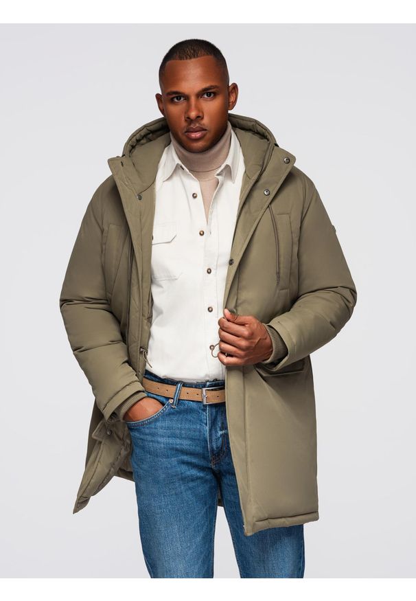 Ombre Clothing - Klasyczna męska długa kurtka typu parka – oliwkowa V3 - Rozmiar: M. Typ kołnierza: kaptur. Kolor: oliwkowy. Materiał: syntetyk, materiał. Długość: długie. Wzór: aplikacja. Styl: klasyczny