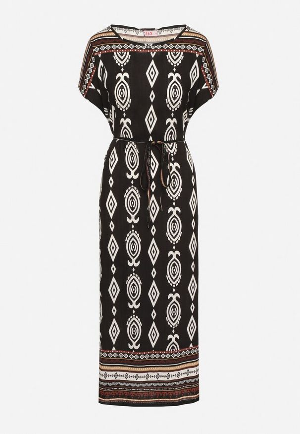 Born2be - Czarna Pudełkowa Sukienka z Wiskozy w Etniczny Wzór Mirosela. Okazja: na co dzień. Kolor: czarny. Materiał: wiskoza. Długość rękawa: krótki rękaw. Styl: casual, elegancki, klasyczny