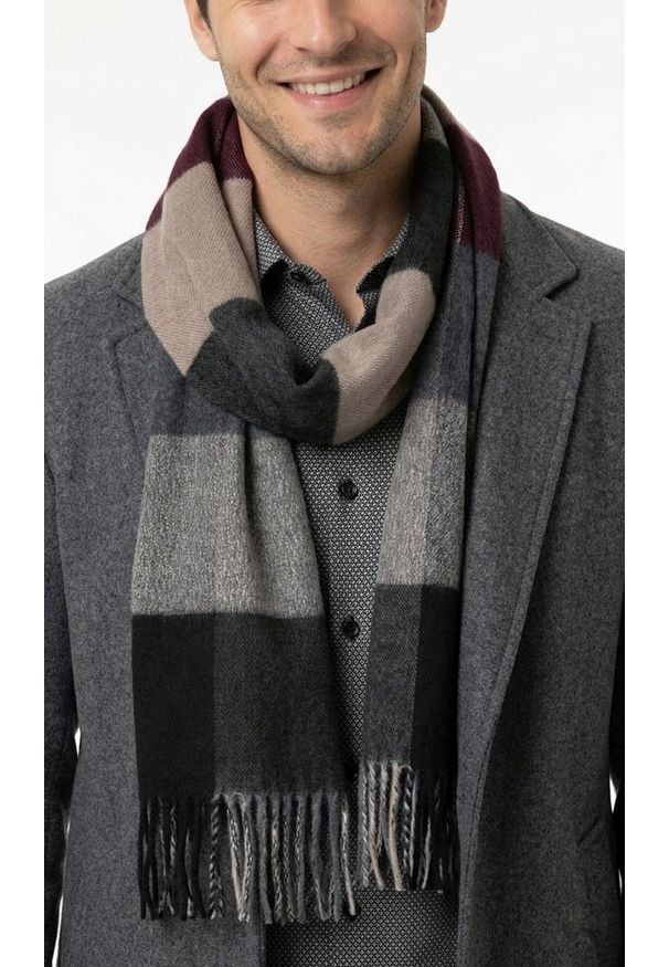 V. Fraas - Szalik Szaro-Bordowy z Frędzlami, Miękki w Kratkę, Firmy V.Fraas -Cashmink. Kolor: czerwony, brązowy, beżowy, wielokolorowy. Materiał: tkanina, syntetyk, materiał, poliakryl, wełna. Wzór: kratka. Sezon: lato