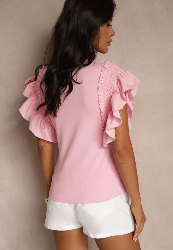 Renee - Różowa Bluzka Dislie. Kolor: różowy. Materiał: dzianina, bawełna, jeans. Wzór: kwiaty, gładki. Sezon: lato. Styl: elegancki
