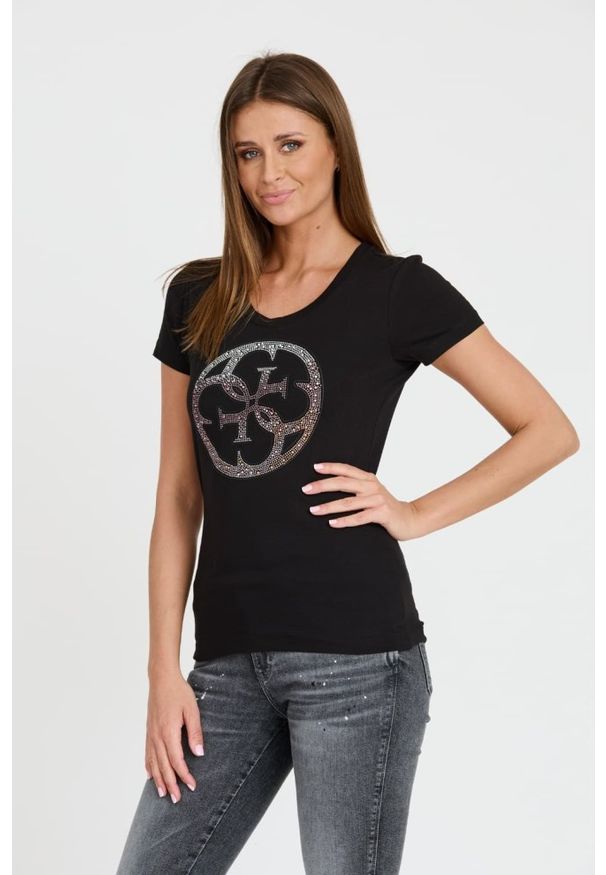 Guess - GUESS Czarny t-shirt 4G LOGO TEE. Kolor: czarny