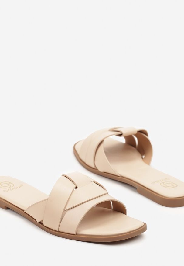 Renee - Beżowe Klapki z Ozdobnie Przeplecionymi Paskami Davianne. Okazja: na co dzień, na spacer, na imprezę. Kolor: beżowy. Wzór: kwiaty. Sezon: wiosna, lato. Obcas: na obcasie. Styl: casual, elegancki