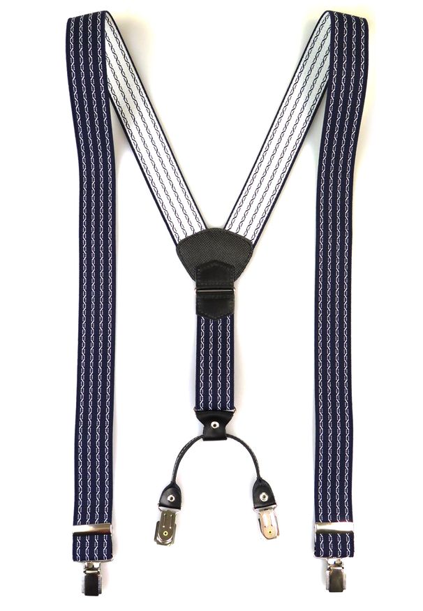 Modini - Granatowe szelki z białym pionowym wzorem SZ45. Kolor: niebieski, biały, wielokolorowy. Materiał: skóra, guma
