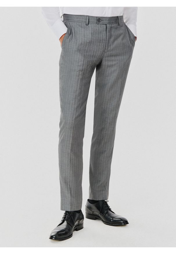 Pako Lorente - PAKO LORENTE – Szare spodnie garniturowe w prążek. Kolor: szary. Materiał: poliester, wiskoza. Wzór: prążki. Styl: elegancki