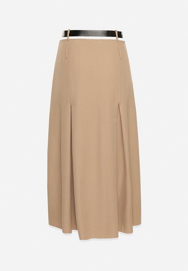 Born2be - Beżowa Plisowana Rozkloszowana Spódnica z Imitacją Kieszeni Paskiem i Gumką w Talii Evisthai. Okazja: na co dzień. Kolor: beżowy. Styl: elegancki, casual