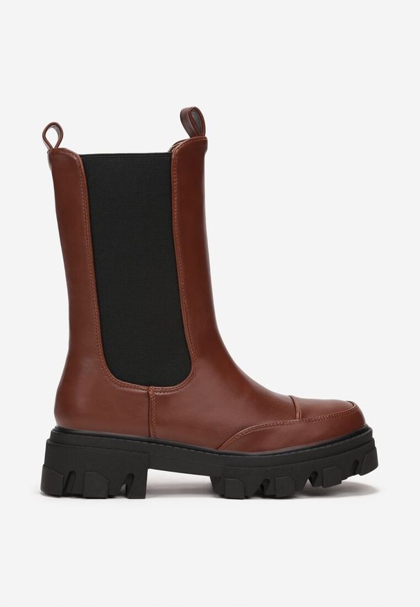 Born2be - Brązowe Botki Sztyblety na Grubej Podeszwie Nes. Zapięcie: zamek. Kolor: brązowy. Materiał: materiał, jeans. Szerokość cholewki: normalna