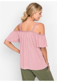 Shirt cold-shoulder z koronką bonprix jasnoróżowy cukierkowy. Kolor: różowy. Materiał: koronka. Wzór: koronka #3