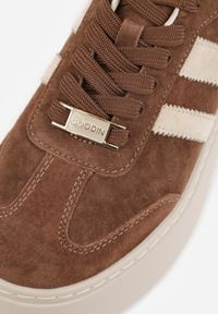 Renee - Brązowe Sneakersy na Platformie ze Skóry Naturalnej Ozdobione Paskami Sovimi. Okazja: na co dzień. Zapięcie: pasek. Kolor: brązowy. Materiał: skóra. Wzór: aplikacja. Obcas: na platformie #8