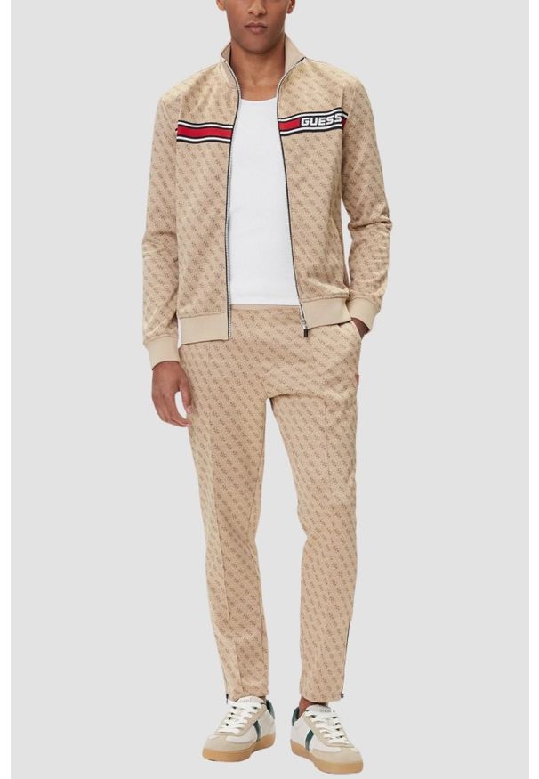 Guess - GUESS Beżowa rozpinana męska bluza w monogram Korbin, Rozmiar S. Okazja: na co dzień. Kolor: beżowy. Styl: casual, sportowy