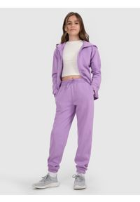 4f - 4F Spodnie dresowe joggery dziewczęce - fioletowe 164 (13-14 lat). Okazja: na co dzień. Kolor: fioletowy. Materiał: dresówka. Wzór: ze splotem, gładki. Sezon: lato. Styl: młodzieżowy, sportowy, casual #1