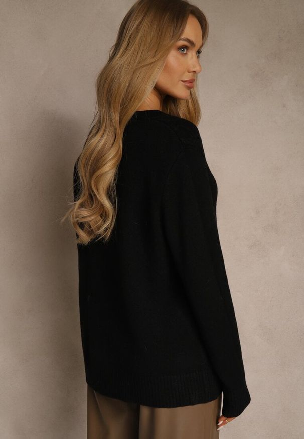 Renee - Czarny Kardigan z Bawełną i Tłoczonym Wzorem Reisina. Okazja: na co dzień. Kolor: czarny. Materiał: bawełna. Styl: casual, elegancki