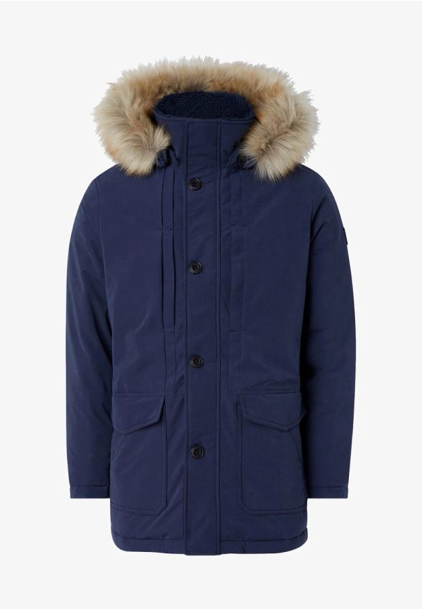Wrangler - WRANGLER PARKA JACKET MĘSKA KURTKA ZIMOWA NAVY W4E6X7114 112320173. Materiał: futro, jeans, poliester, polar, materiał, poliamid, syntetyk, włókno, sztruks. Wzór: aplikacja, napisy. Sezon: zima. Styl: elegancki