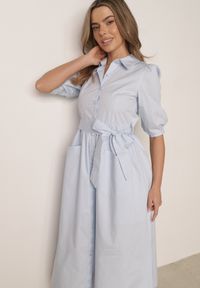 Born2be - Niebieska Rozkloszowana Sukienka Koszulowa w Stylu Retro z Bawełny z Wiązaniem Cirire. Okazja: na co dzień. Kolor: niebieski. Materiał: bawełna. Typ sukienki: koszulowe. Styl: retro #2