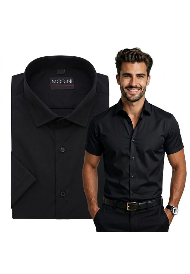 Czarna koszula męska z krótkim rękawem Modini YK15. Kolor: czarny. Materiał: bawełna, tkanina, poliester. Długość rękawa: krótki rękaw. Długość: krótkie. Wzór: gładki. Styl: klasyczny