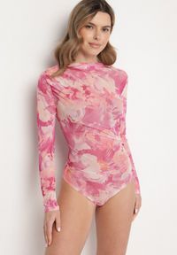 Born2be - Fioletowe Siateczkowe Body Ozdobione Abstrakcyjnym Wzorem Folianelle. Okazja: na co dzień. Kolor: fioletowy. Materiał: jeans. Wzór: aplikacja. Styl: casual, elegancki