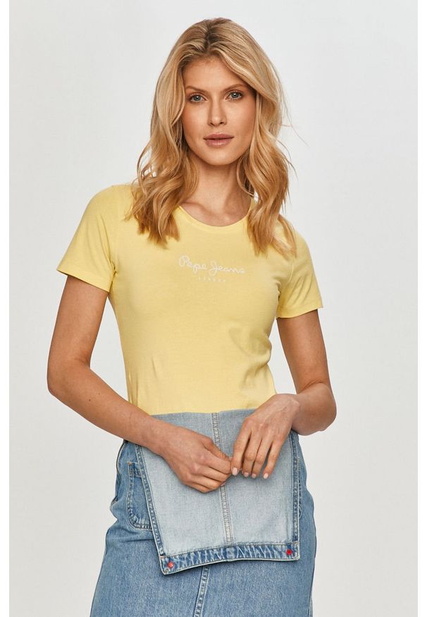 Pepe Jeans - T-shirt New Virginia. Okazja: na co dzień. Kolor: żółty. Materiał: bawełna, dzianina, elastan. Wzór: nadruk. Styl: casual