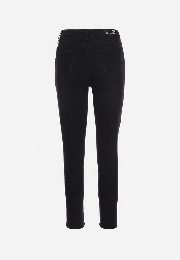Born2be - Czarne Jeansy Skinny z Ozdobnym Odpinanym Łańcuszkiem i Dziurami Dalphina. Okazja: na co dzień. Kolor: czarny. Wzór: aplikacja. Styl: elegancki, klasyczny, casual