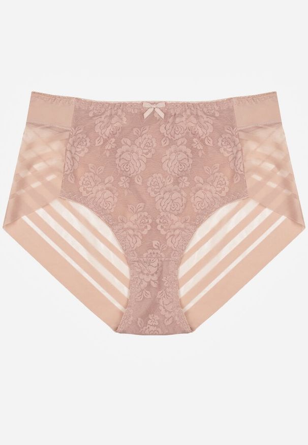 Renee - Różowe Siateczkowe Majtki Figi High Waist z Koronkowymi Zdobieniami Heylih. Stan: podwyższony. Kolor: różowy. Materiał: koronka. Wzór: aplikacja