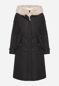 Born2be - Czarno-Beżowa Ocieplana Kurtka Parka ze Ściągaczem w Pasie z Odpinanym Futrem przy Kapturze Tintelissa. Okazja: na co dzień. Kolor: czarny. Materiał: futro. Styl: klasyczny, casual, elegancki, sportowy #9