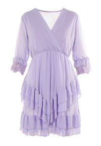 Born2be - Liliowa Sukienka Nethyphise. Kolor: fioletowy. Materiał: koronka. Wzór: aplikacja, koronka. Typ sukienki: kopertowe. Długość: mini #5