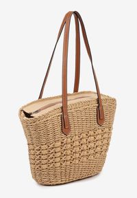 Born2be - Ciemnobeżowa Torebka Shopperka z Plecionką Feladwena. Kolor: beżowy. Wzór: aplikacja. Styl: elegancki, casual #3