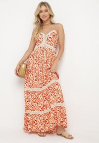 Born2be - Pomarańczowa Bawełniana Sukienka na Cienkich Ramiączkach Zdobiona Haftem z Gumką w Pasie Vikalia. Okazja: na co dzień, na randkę. Kolor: pomarańczowy. Materiał: bawełna. Długość rękawa: na ramiączkach. Wzór: aplikacja, haft. Sezon: lato. Typ sukienki: proste. Styl: klasyczny, casual, elegancki #5