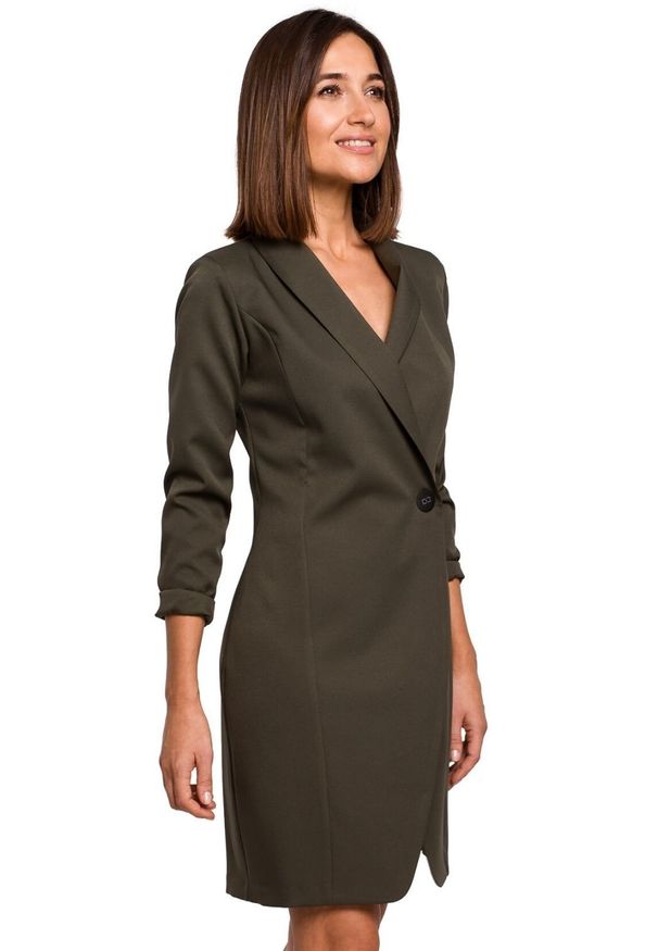 Style - Elegancka biznesowa żakietowa sukienka na jeden guzik. Okazja: na spotkanie biznesowe. Styl: biznesowy, elegancki