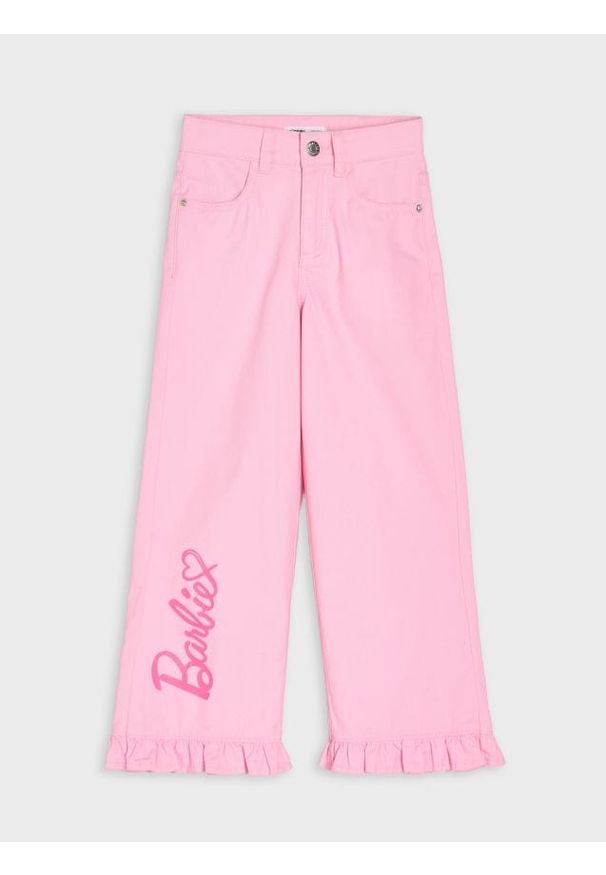 Sinsay - Jeansy wide leg z napisem Barbie - różowy. Kolor: różowy. Wzór: napisy