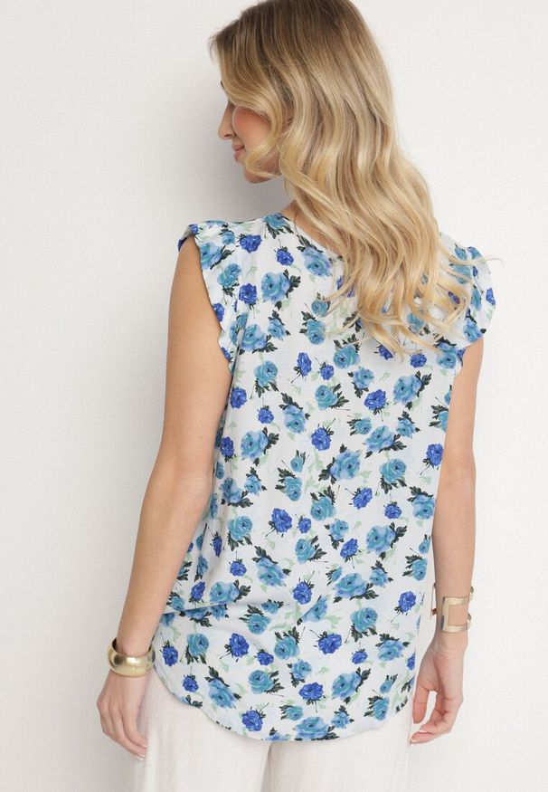 Born2be - Niebieska Bawełniana Bluzka w Kwiaty Naperia. Okazja: na co dzień. Kolor: niebieski. Materiał: bawełna. Wzór: kwiaty. Styl: casual, elegancki