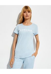 LA MANIA - Niebieski t-shirt z białym nadrukiem - EDYCJA LIMITOWANA. Kolor: niebieski. Materiał: bawełna. Wzór: nadruk. Styl: klasyczny