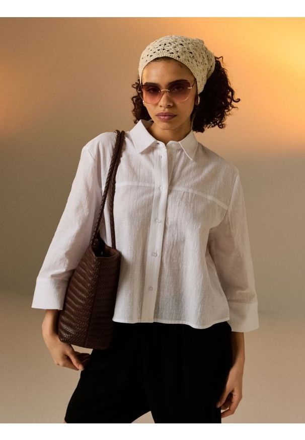 Sinsay - Bawełniana koszula z rękawem 3/4 - biały. Kolor: biały. Materiał: bawełna